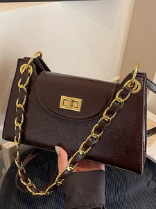 Vintage Fashion Women PU Square Shoulder Bag Urban Minimalist Chain Underarm Bag Lock Closure Daily Commuter Crossbody Bag