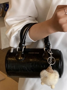 Fashion black cylinder handbag with crinkle texture and white fur ball pendant charm