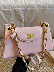 Pink vintage square shoulder bag with gold chain strap and crinkle patent leather texture