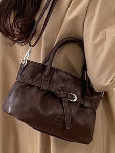Retro dark brown crossbody bucket bag with adjustable strap for stylish women
