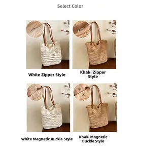 Détail du sac de plage tissé ajouré en blanc et kaki avec gros plan sur les sangles