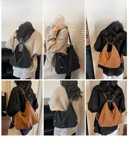 Collage of black and brown tote bags showing shoulder and backpack wearing styles