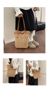 Vue détaillée du sac cabas en paille avec bandoulières en cuir marron et rivets en métal