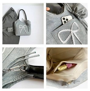 Detailed views of grey canvas tote with lace bow, metal hooks, and inner zipper pocket