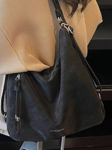 Retro large capacity black tote bag for women with high-end matte finish and metal zipper
