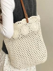 Sac fourre-tout tissé à la main avec motif de tournesol au crochet et anses en cuir