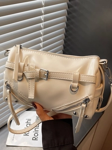 Beige Zylindertasche mit Nietenfransen und Mehrfach-Reißverschluss für Beruf und Freizeit