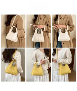 Collage of minimalist leather bucket bags in beige and yellow with adjustable straps