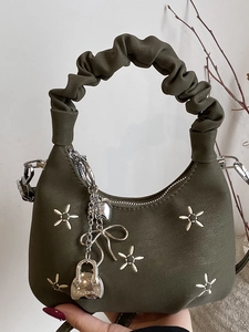 Women's Fashion PU Leather Hobo Bag With Ruffled Handle And Flower Embroidery Small Crossbody Shoulder Bag For Daily Fashion