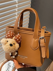 Urban Simple PU Leather Litchi Pattern Bucket Bag For Women Fashion Casual Handbag With Bear Pendant Daily Use Shoulder Bag