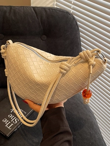 Woven PU Leather Hobo Shoulder Bag For Women Large Capacity Knotted Strap With Amber Bead Casual Commute Messenger Bag