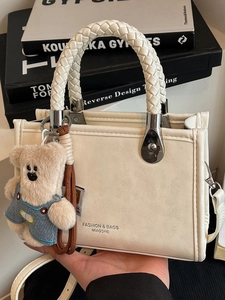 Fashion Urban Women PU Leather Small Square Bag With Woven Handle Teddy Bear Pendant Korean Casual Shoulder Crossbody Bag