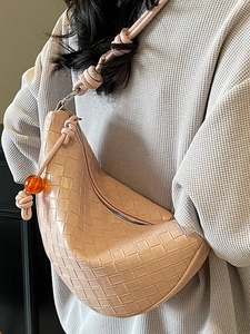 Pink woven hobo shoulder bag for women with amber bead and knotted strap detail