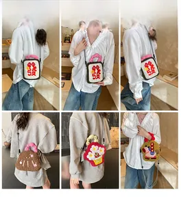 Various cute plush crossbody bags in fun shapes shown through different model poses