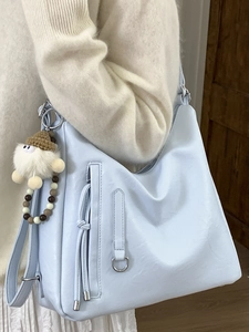 Retro light blue large capacity tote backpack with plush charm in casual style