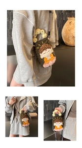 Detail of creative cartoon Buddha plush crossbody bag with tweed texture and top handle