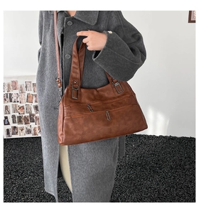 Detailed macro view of the vintage brown faux leather handbag with textured surface