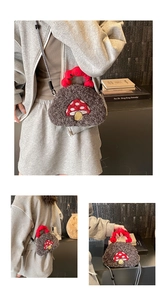 Detail of plush crossbody bag featuring cute mushroom patch and adjustable rope strap