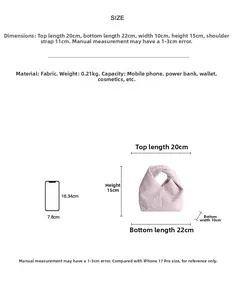 Guide des tailles montrant les dimensions du sac et comparaison avec un téléphone