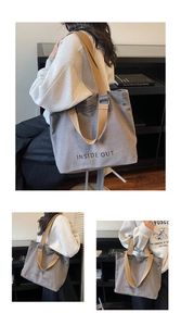 Detailed views of gray canvas tote bag with wide straps and large storage capacity