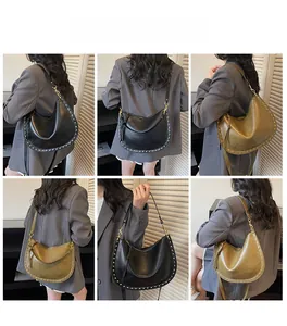 Detail shots of hobo shoulder bag with metal rivets and adjustable strap in dual colors