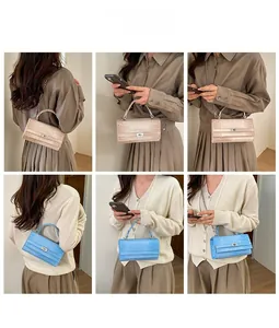 Details von beigen und blauen Handtaschen mit Krokodilmuster und Kettenriemen