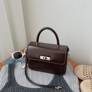 Detail der dunkelbraunen glänzenden Lederhandtasche mit silbernem Metall-Drehverschluss
