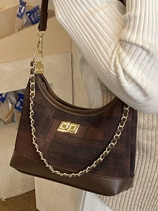 Retro deep brown large capacity tote bag with gold chain strap and jacquard texture
