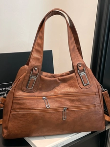 Vintage Women Large Capacity PU Leather Tote Bag Fashion Multi-Pocket Shoulder Crossbody Bag For Work Commuting Daily Handbag