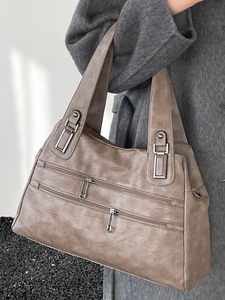 Retro taupe large capacity PU leather tote bag with parallel zippers and wide strap