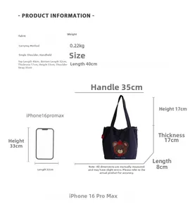 Detailed size guide for the navy blue canvas tote bag showing exact dimensions and weight