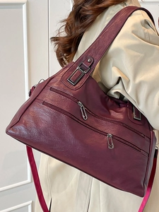 Retro burgundy large capacity tote bag in lychee texture PU leather for women