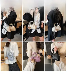 Six different views showing the crossbody pillow bag styled with various outfits