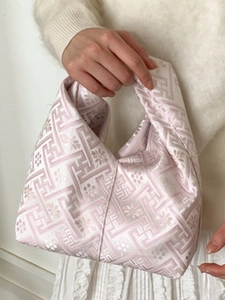 Elegant Chinese style floral embroidery handbag in pale pink and cream jacquard fabric