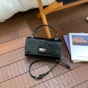 Detail einer schwarzen Handtasche mit Krokoprägung, Silberdrehverschluss und Kettenriemen