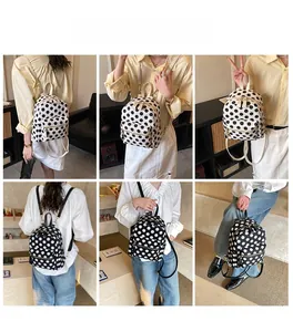Detailed views of the polka dot mini backpack shown from multiple angles on a model
