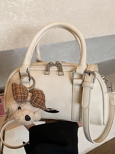 Women Retro PU Leather Boston Pillow Bag Urban Minimalist Casual Crossbody Handbag Fashionable Daily Top Handle Bag With Bear Charm