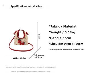 Detailed size specifications for mini canvas crossbody bag with red polka dots and horse embroidery