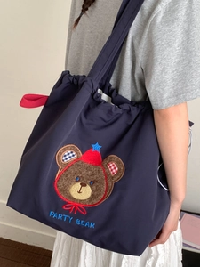 Retro canvas tote bag with party bear embroidery and drawstring closure for daily commute