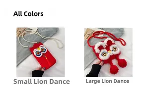 Detail view of red lion dance crossbody bags with pearl strap and tassel embroidery
