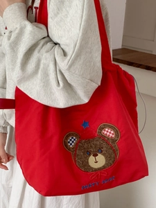 Retro red canvas tote bag with embroidered Party Bear, large capacity shoulder bag