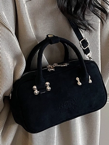 Classic black suede Boston handbag with silver hardware and Rose London embossed detail