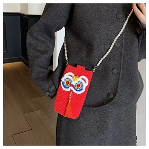 Mini red crochet lion dance phone bag with pearl strap and festive silk tassel decoration
