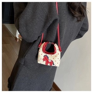 Mini beige canvas shoulder bag with red polka dots and horse embroidery detail