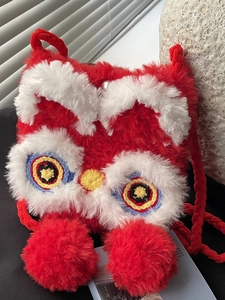 Women Ethnic Lion Dance Hand Knitted Wool Phone Bag With Artificial Pearl Strap Red Plush Crossbody New Year Gift Shoulder Bag
