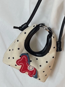 Mini canvas handbag with black polka dots and red horse embroidery for women
