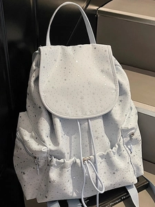 Korean Style Star Print Canvas Backpack For Women Vintage Polka Dot School Bag With Drawstring Flap Closure Daily Casual Travel Backpack
