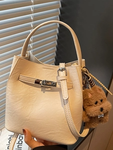 Retro Women PU Leather Bucket Bag Korean Fashion Handbag With Metal Lock Adjustable Shoulder Strap Commuter Crossbody Bag