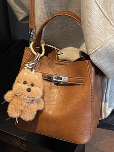 Brown litchi leather bucket bag with teddy dog charm and metallic twist lock