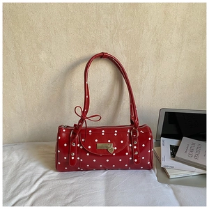 Retro High Gloss Polka Dot Underarm Shoulder Bag For Women Vintage PU Leather Cylinder Baguette Bag With Heart Pendant
